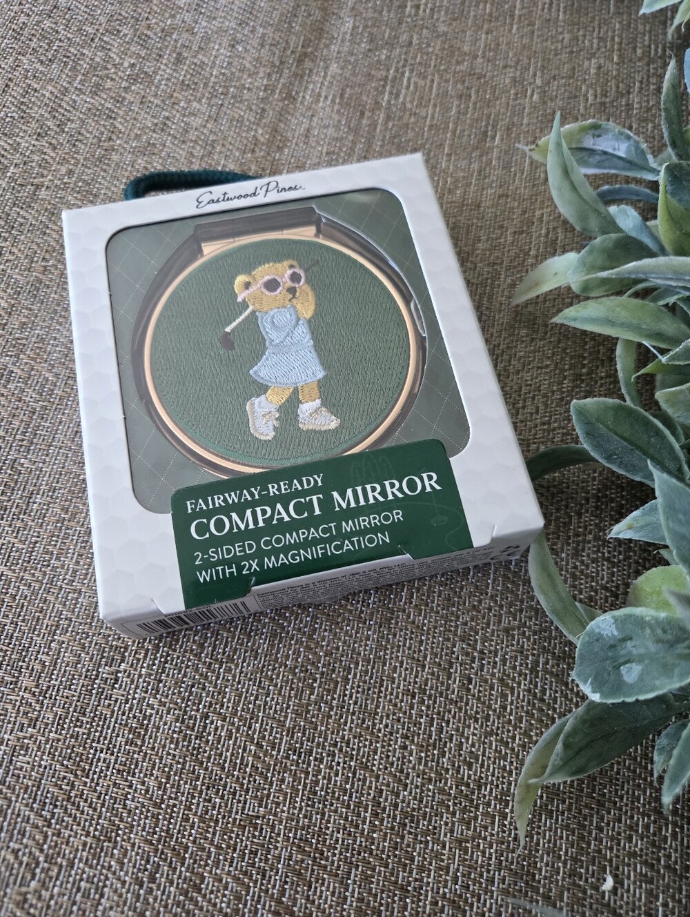 Fairway-Ready Compact Mirror with Golfer Bear Embroidery